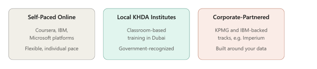 Three certification paths compared: self-paced online platforms like Coursera, IBM, and Microsoft offering flexible individual pace; local KHDA-approved institutes in Dubai offering government-recognized classroom training; and corporate-partnered programs such as Imperium's KPMG and IBM-backed tracks built around an organization's own data.